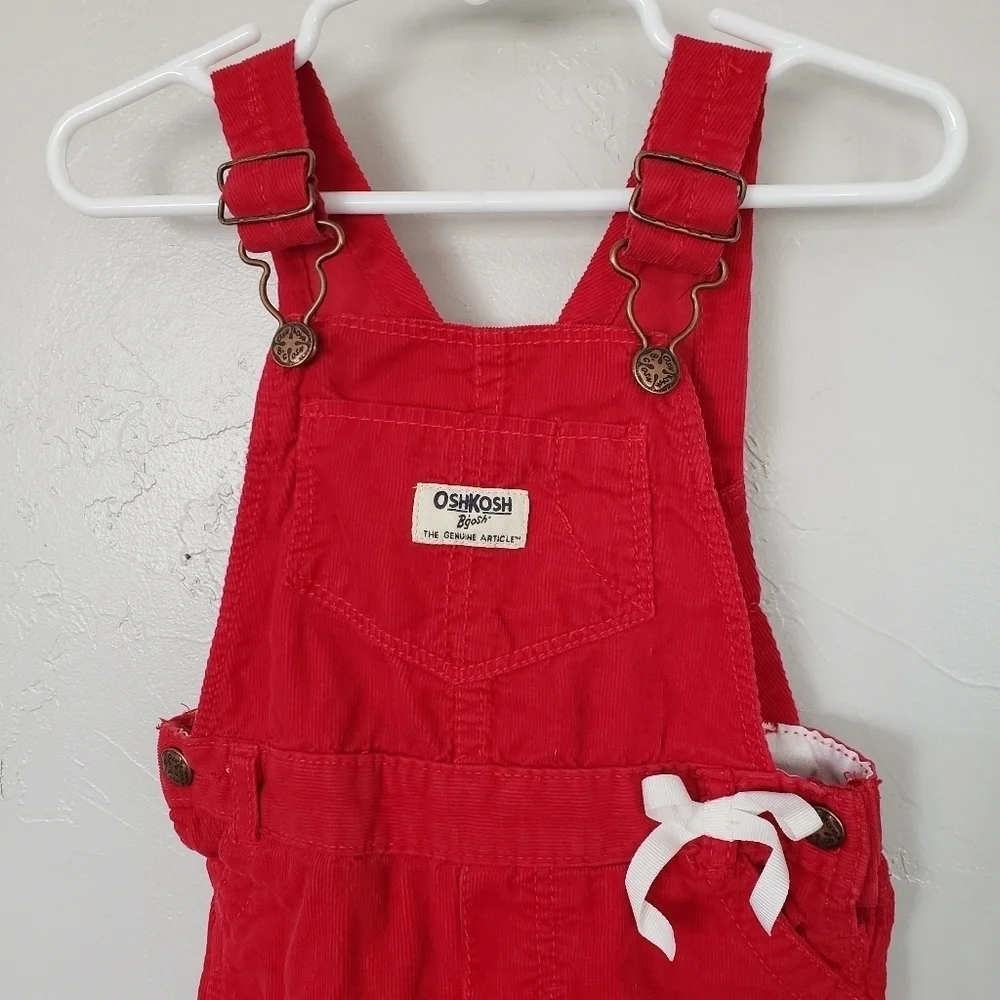 Oshkosh Baby Girl 18 Months Red Ribbed Corduroy Overalls White Bow
